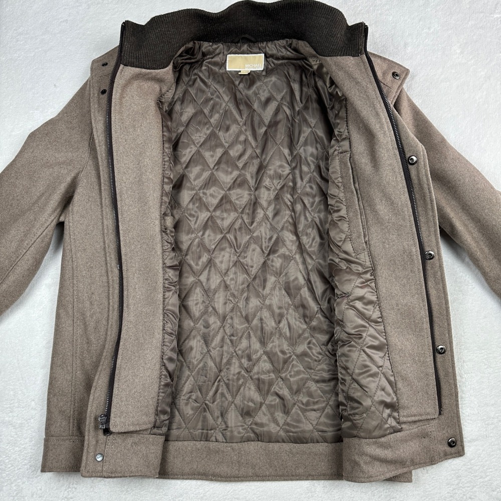 Michael Kors Mens Wool Blend Field Jacket Taupe Brown Ribbed Bib Coat Large